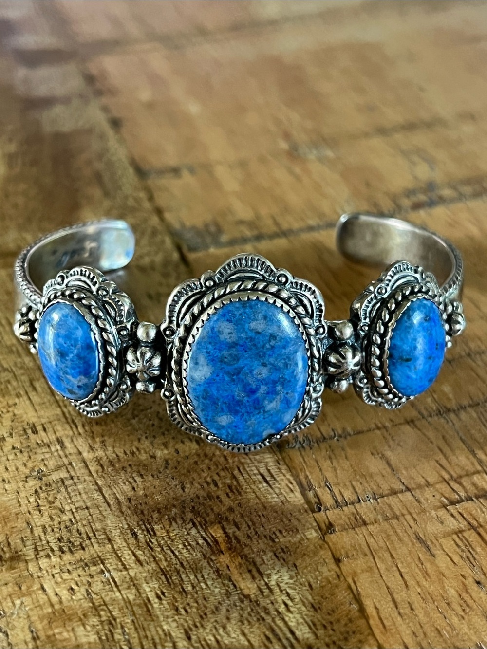 Vintage Carolyn Pollack Sterling Silver Lapis Three-Stone Cuff Bracelet
